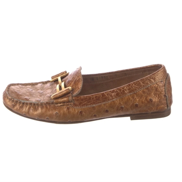 Salvatore Ferragamo Ostrich Brown Leather Loafers Gold Accent - Picture 1 of 16